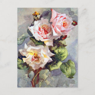 Carte Postale Superbe Elégante Roses Rose Aquarelle Peinture