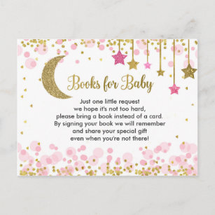 Carte Postale Sur la lune Baby shower rose livres pour bébé
