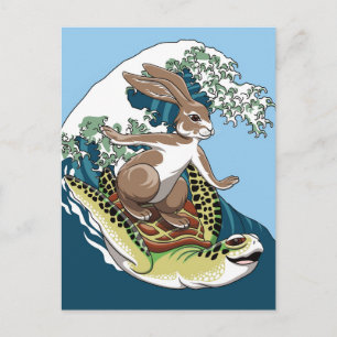 Carte Postale Surf d'été - Illustration de tortue et lapin