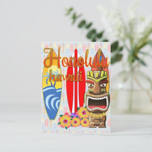 Carte Postale Surf Honolulu Hawaii Tiki (Debout devant)