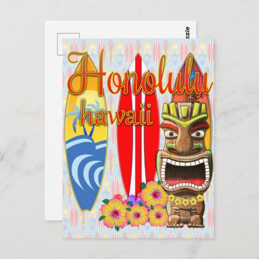 Carte Postale Surf Honolulu Hawaii Tiki (Devant / Derrière)