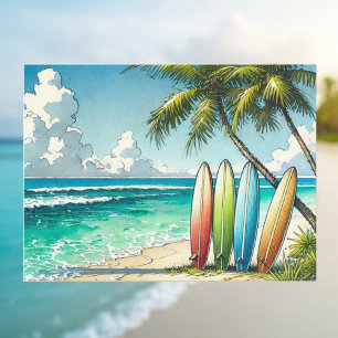Carte Postale Surfboards on the Beach Watercolor and Ink