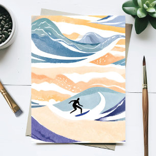 Carte Postale Surfer la Vague   Océan Aquarelle Contemporain