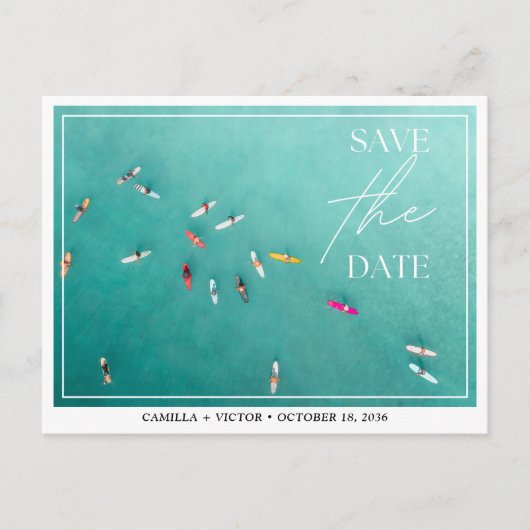 Carte Postale Surfer Mariage Blue Ocean Enregistrer la date Cart (Devant)