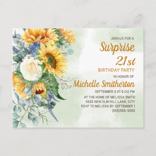 Carte Postale Surprise 21e anniversaire Sunflowers Eucalyptus (Devant)