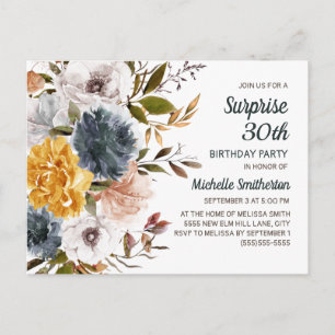 Carte Postale Surprise 30e Anniversaire Jaune Bleu Marine Floral