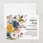 Carte Postale Surprise 80e anniversaire Jaune Marine Bleu Floral (Devant / Derrière)