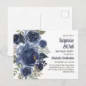 Carte Postale Surprise 80e anniversaire Marine bleu aquarelle fl (Devant / Derrière)