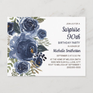Carte Postale Surprise 90 Anniversaire Bleu Marine Aquarelle Flo