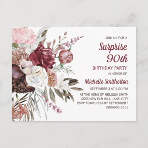 Carte Postale Surprise 90e Anniversaire Bourgogne Rose Floral