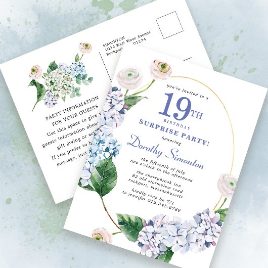 Carte Postale Surprise Party Hydrangea Rose 19e anniversaire