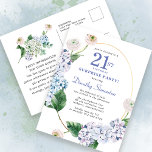 Carte Postale Surprise Party Hydrangea Rose 21e anniversaire<br><div class="desc">Des fleurs d'hydrangée bleue et des fleurs roses rousses ornent un cadre ovale doré. Une botanique moderne ouverte et aérée.</div>