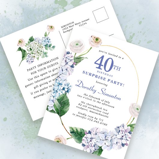 Carte Postale Surprise Party Hydrangea Rose 40e anniversaire