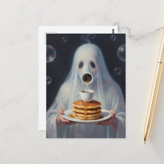 Carte Postale Surreal Breakfast pancakes ghost with coffee (Devant/Arrière en situation)