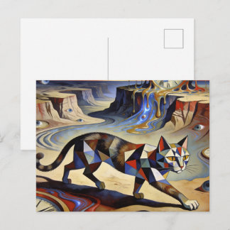 Carte Postale Surreal Cat Melting Clocks Dali Picasso Inspired