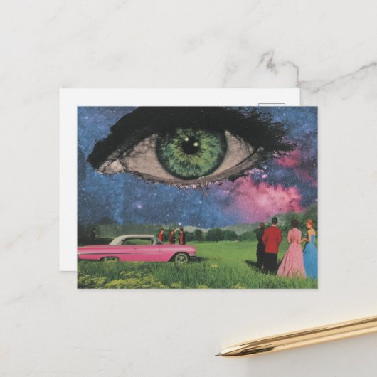 Carte Postale Surreal Party Retro People and Car Eye in Sky (Devant/Arrière en situation)