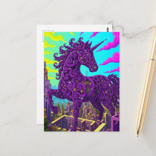 Carte Postale Surreal purple unicorn  (Devant/Arrière en situation)