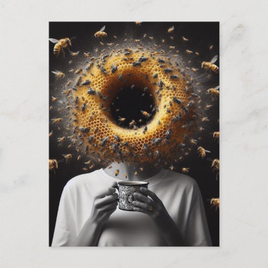 Carte Postale Surreal Tea Time Bees Honeycomb Black Hotte Head (Devant)