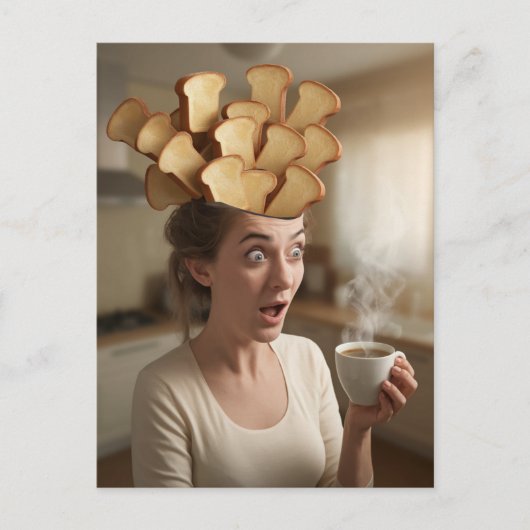Carte Postale Surreal Toast Head Breakfast Femme Avec Café (Devant)
