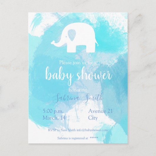 Carte Postale süße Baby Party Einladung blau aquarell Elefant (Devant)