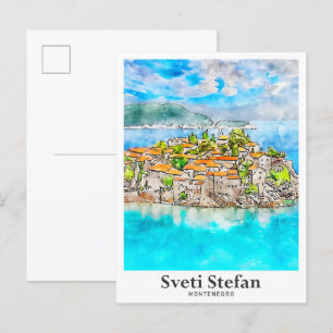 Carte Postale Sveti Stefan Montenegro Aquarelle de voyage