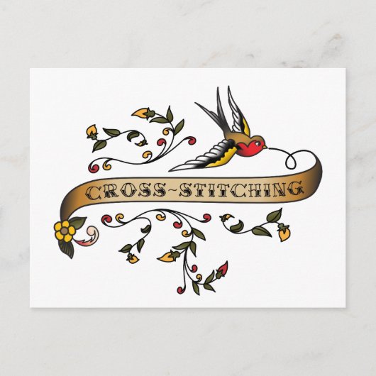 Carte Postale Swallow and Scroll with Cross-stitching (Devant)