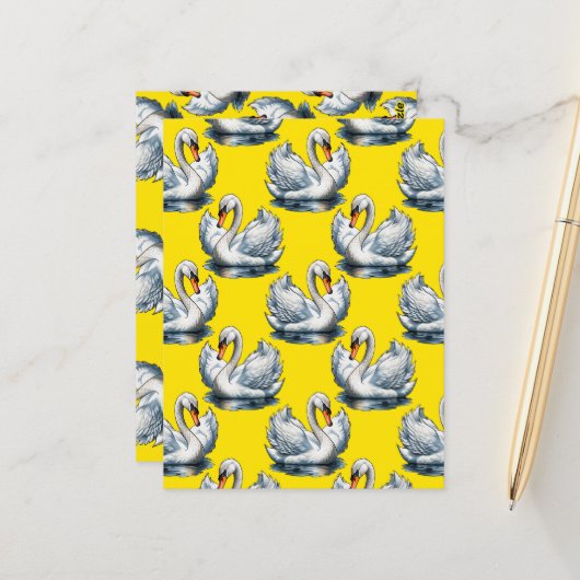Carte Postale Swan Birds Pattern Design On Yellow  (Devant/Arrière en situation)