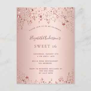 Carte Postale Sweet 16 16e anniversaire rose or étoiles invitati