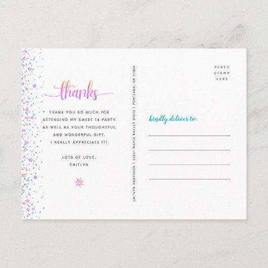 Carte Postale Sweet 16 anniversaire arc-en-ciel ombre parties sc (Dos)