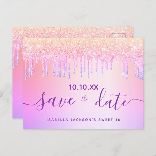 Carte Postale Sweet 16 arc-en-ciel parties scintillant rose viol (Devant / Derrière)