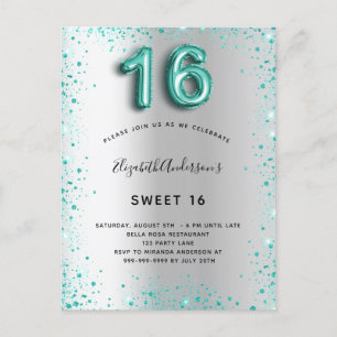 Carte Postale Sweet 16 argent turquoise parties scintillant élég