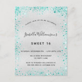 Carte Postale Sweet 16 argent turquoise parties scintillant invi (Devant)