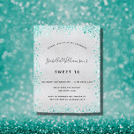 Carte Postale Sweet 16 argent turquoise parties scintillant invi<br><div class="desc">Pour un élégant Sweet 16, 16e anniversaire. Un arrière - plan métallique à l'aspect faux argenté. Décoré avec de la poussière de parties scintillant turquoise. Personnalisez et ajoutez un nom, un âge et des détails de la fête. Le nom est écrit avec un script de style écrit à la main....</div>