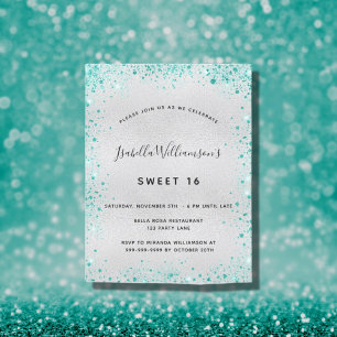Carte Postale Sweet 16 argent turquoise parties scintillant invi