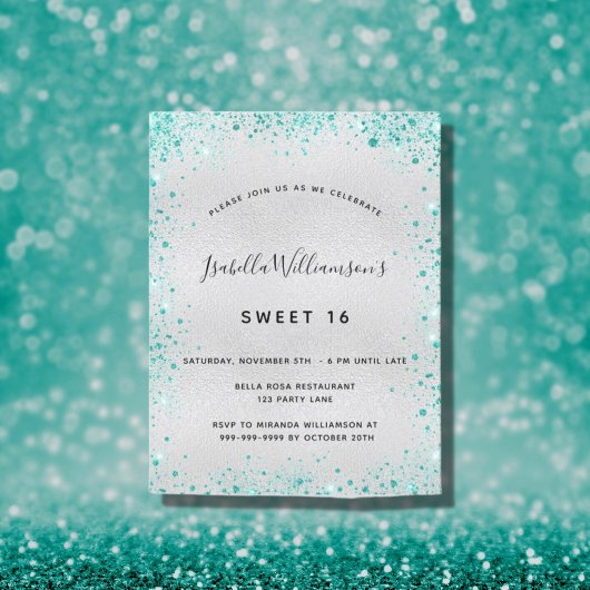Carte Postale Sweet 16 argent turquoise parties scintillant invi