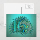Carte Postale Sweet 16 élégant modèle en plumes de paon (Devant / Derrière)