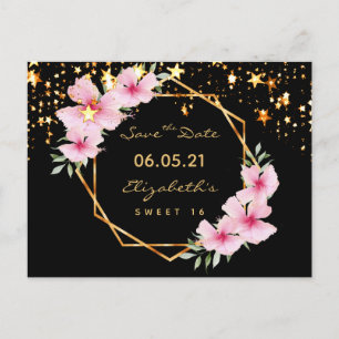 Carte Postale Sweet 16 Enregistrer la date noir or étoiles rose