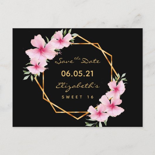 Carte Postale Sweet 16 flûtes noires or rose Enregistrer la date (Devant)