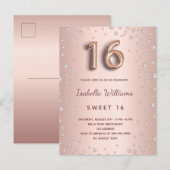 Carte Postale Sweet 16 rose or brush diamants glam (Devant / Derrière)