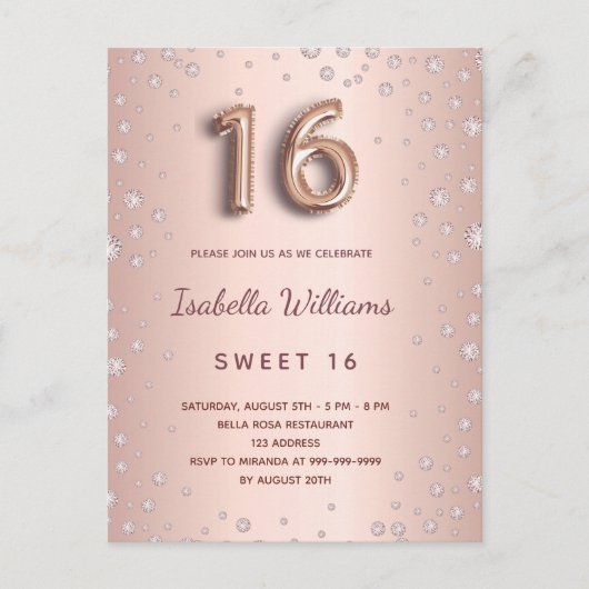Carte Postale Sweet 16 rose or brush diamants glam (Devant)