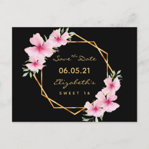 Carte Postale Sweet 16 Save the Date Florales d'or noir