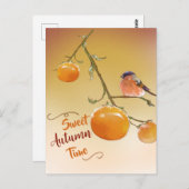 Carte Postale Sweet Automne Cute Orange Persimmon Fruits & Oisea (Devant / Derrière)