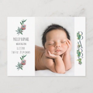Carte Postale Sweet Cactus Baby Birth Photo Faire-part