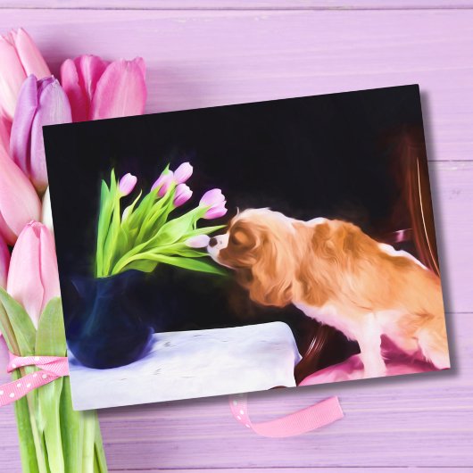 Carte Postale Sweet Cavalier King Charles et Tulipes roses