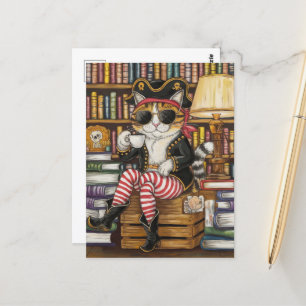 Carte Postale Sweet Kitty Pirate avec café dans un Bookshop