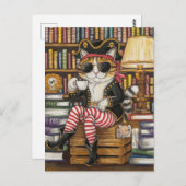 Carte Postale Sweet Kitty Pirate avec café dans un Bookshop (Devant / Derrière)