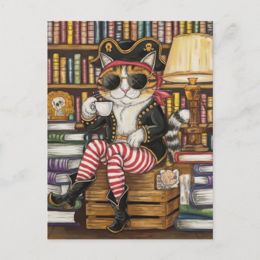 Carte Postale Sweet Kitty Pirate avec café dans un Bookshop (Devant)