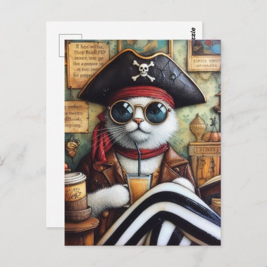 Carte Postale Sweet Kitty Pirate avec café dans un magasin d'ant (Devant / Derrière)