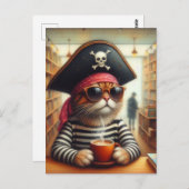 Carte Postale Sweet Kitty Pirate avec un café dans une librairie (Devant / Derrière)