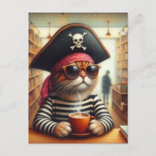 Carte Postale Sweet Kitty Pirate avec un café dans une librairie (Devant)